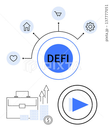 Cryptocurrency, blockchain technology, fintech advancements, financial growth, investment strategies, digital assets. Blue DEFI icon, icons of shopping cart home gear heart. Cryptocurrency 137777051