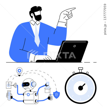 Productivity, time management, automation, technology, efficiency, multitasking. Businessman pointing while working on a laptop. Productivity and time management concept 137777059