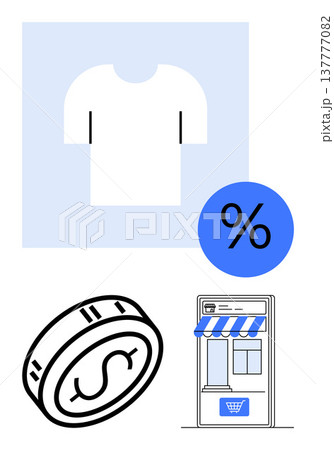 E-commerce, online shopping, retail discounts, fashion sales, digital purchasing, and business marketing. T-shirt, percentage symbol coin and storefront graphic. E-commerce and online shopping 137777082