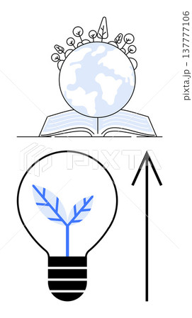 Environmental education, sustainability solutions, creative innovation, green energy, growth strategies, nature conservation. A globe with plants, an open book, and a light bulb with leaves Environmental education, sustainability solutions, creative innovation, green energy, growth strategies, nature conservation. A globe with plants, an open book, and a light bulb with leaves 137777106