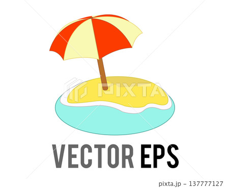 Cartoon beach umbrella flat icon on a small island in the ocean with waves 137777127