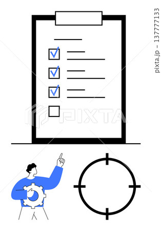Task planning, productivity, goal setting, project management, workflow, business strategy. A checklist on a clipboard, a person with a gear and a target icon. Task planning and productivity concept 137777133