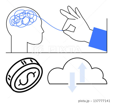 Mental clarity, creative thinking, financial success, cloud computing, data exchange, innovation. A hand untangling a mind, a coin and a cloud with arrows. Mental clarity and creative thinking 137777141