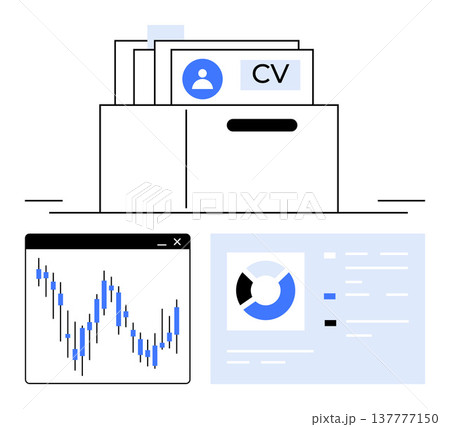 Recruitment, career planning, data visualization, digital records, HR analytics, workforce management. A cupboard with resumes, graph and pie chart displayed. Recruitment and data visualization 137777150