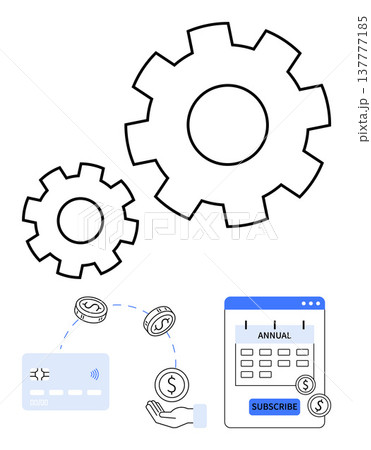 Subscription management, online payments, business automation, financial planning, customer retention, e-commerce. Gears with credit card, cash flow and annual subscription calendar. Subscription Subscription management, online payments, business automation, financial planning, customer retention, e-commerce. Gears with credit card, cash flow and annual subscription calendar. Subscription 137777185