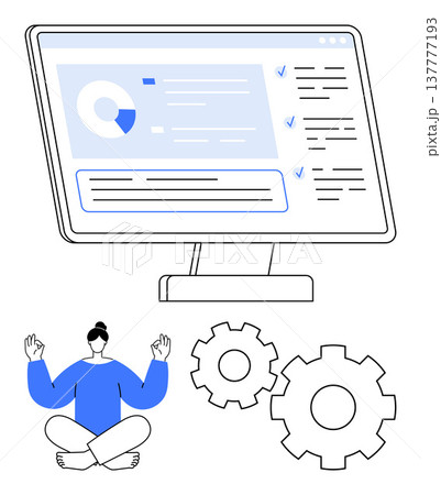 Workflow optimization, task management, self-care, mindfulness, productivity, goal setting. Computer screen with tasks listed, person meditating gears. Workflow optimization and mindfulness concept 137777193