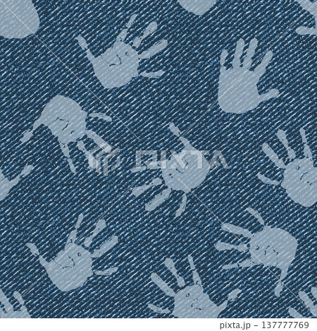 Seamless blue pattern with light colored handprints of child on denim fabric. Random scattered composition. Textured background. Print for apparel, textile design Seamless blue pattern with light colored handprints of child on denim fabric. Random scattered composition. Textured background. Print for apparel, textile design 137777769