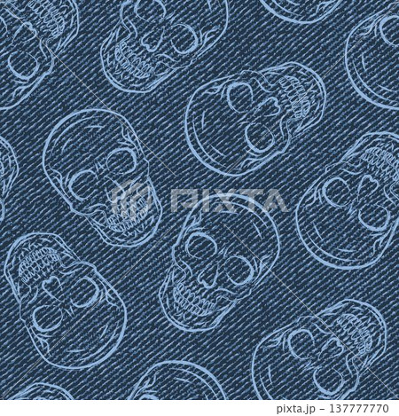 Seamless pattern with blue denim fabric, random scattered human skulls in outline style. Random composition. Grunge style. Print for apparel, textile design 137777770
