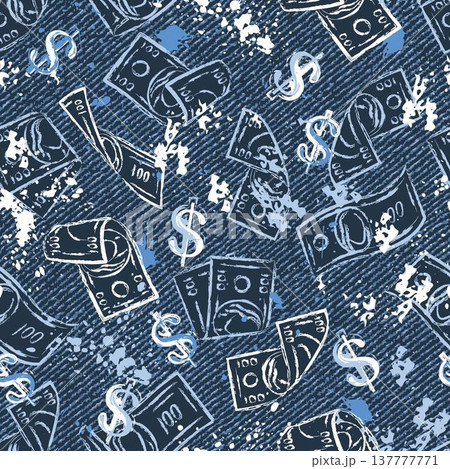 Money seamless pattern with 100 US dollar bills, dollar sign, splattered paint on blue denim textured background. Falling, folded, twisted, flying dollar banknotes. Randomly scattered objects 137777771