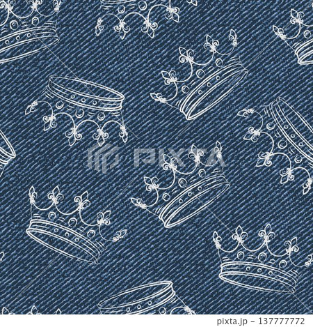 Seamless pattern with randomly scattered crowns on blue denim textured fabric. Outline illustrations. Print for apparel, textile design Seamless pattern with randomly scattered crowns on blue denim textured fabric. Outline illustrations. Print for apparel, textile design 137777772