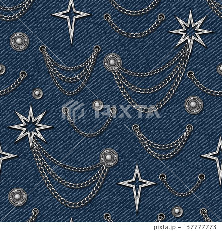 Seamless denim themed pattern with metal trims, dangling silver chains, scattered rivets. Grunge jeans texture on background. Print in vintage style for clothing, textile fashion design 137777773