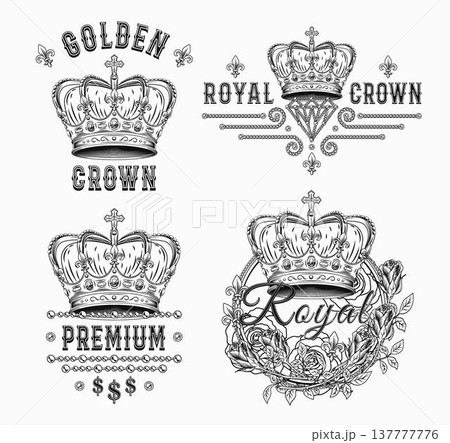 Set of black and white labels with imperial crown, jewelry chains, roses, text. Detailed composition in vintage style on white background 137777776