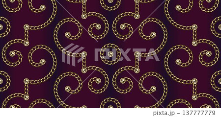 Ornate scrollwork seamless pattern with golden chains, golden beads, delicate swirling motifs. Detailed illustration in luxury vintage style. Maroon dark background for luxury packaging, fashion 137777779