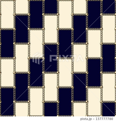 Seamless jewelry pattern with golden chains, beads arranged in geometric rectangular grid. High contrast diagonal background. Classic elegance design 137777780