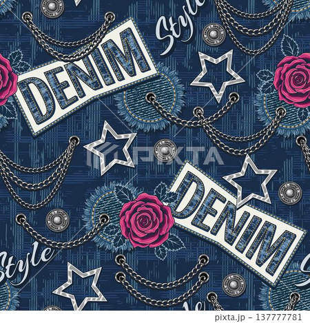 Seamless denim themed pattern with text elements, denim fabric patches, silver stars, pink rose flowers, metal trims. Print in vintage style for clothing, textile fashion design 137777781