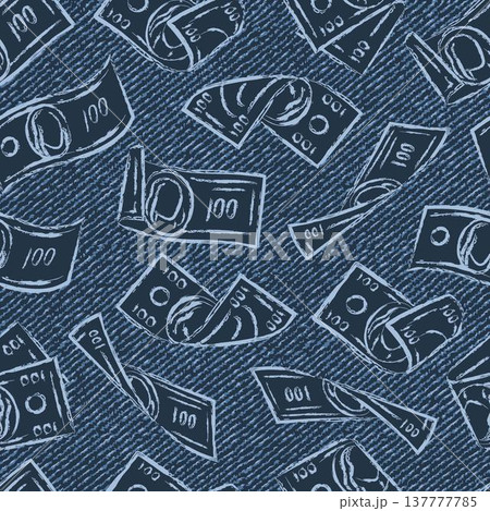 Seamless pattern with scattered 100 US dollar notes in outline style on blue denim texture. Falling, folded, twisted, flying dollar banknotes. Grunge style. Print for apparel, textile design 137777785