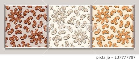 Set of seamless repeating patterns with randomly scattered pinto beans. Minimalist flat vector icons on light background. Some beans are arranged in flower shape. For food packaging, textile prints 137777787