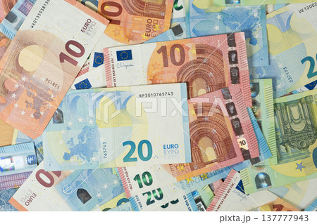 Background of cash money with 10, 20 and 100 Euro bills. Background of cash money with 10, 20 and 100 Euro bills. 137777943