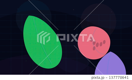 Dark grid background with large green leaf and red circular berry shape modern abstract botanical composition Dark grid background with large green leaf and red circular berry shape modern abstract botanical composition 137778641