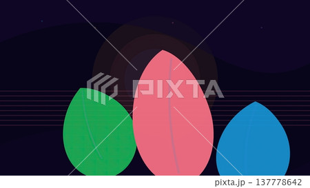 Dark purple abstract background with large colorful leaf shapes layered in modern botanical composition 137778642