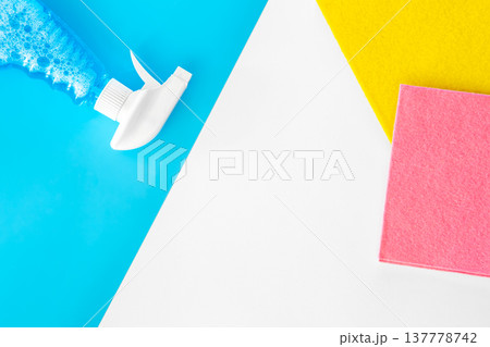 Flat lay, glass and surface cleaning spray, cleaning concept. Flat lay, glass and surface cleaning spray, cleaning concept. 137778742
