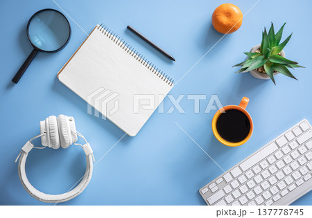 Flat lay, hobby, study and work concept on blue background. Flat lay, hobby, study and work concept on blue background. 137778745