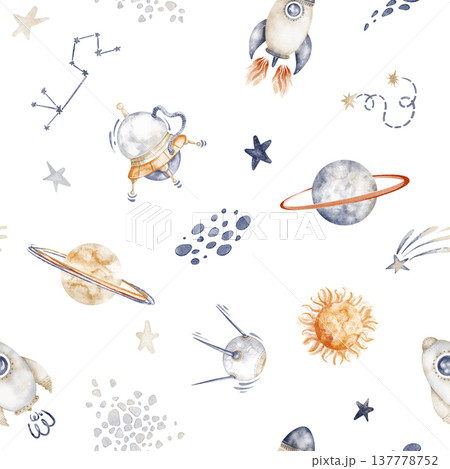 Planets seamless pattern features cute children designs. Watercolor hand painted illustration of galaxy, cosmos, and outer space. Perfect for fabric, wallpaper, and nursery print. 137778752