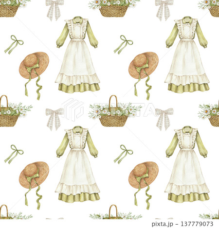 Seamless vintage pattern with rustic cottage decor. Cottagecore pattern with wild flowers 137779073