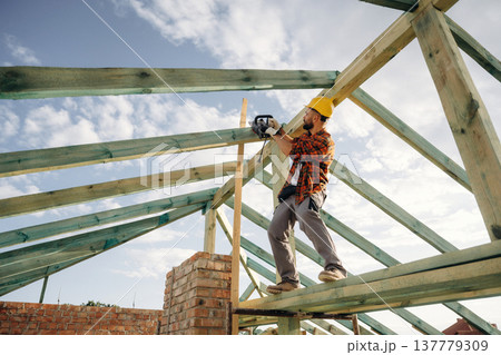 Engineer is high up with chainsaw. Construction worker is on the roof of a house 137779309
