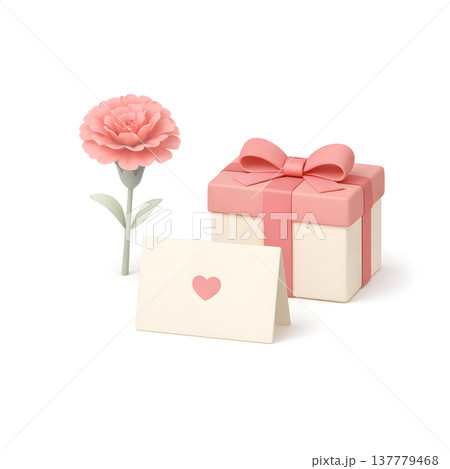 カーネーションとギフトボックスとメッセージカード 3D母の日ギフトアイコン 白背景 137779468