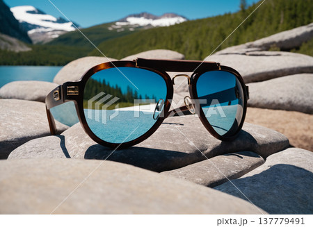 Tactical Sunglasses on Sunlit Coastal Rocks 137779491