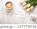 Cozy Mother's Day Flat Lay with Latte Art, Pink Tulips and Gold Jewelry 137779538