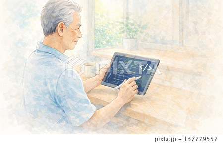 タブレットでプログラミングを学ぶシニア男性のイラスト 137779557