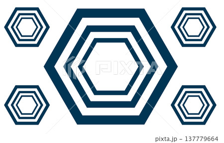 Large central hexagon with three nested borders dominates a radial abstract pattern surrounded by smaller similar forms on a crisp white background. 137779664