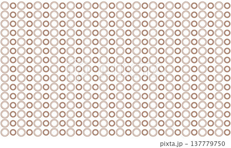 Pattern of evenly spaced concentric brown circles arranged on a white background in neat horizontal and vertical grid lines forming optical repetition. 137779750