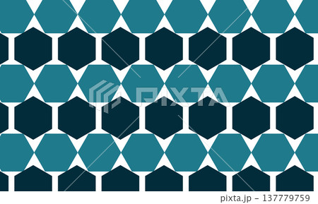 Alternating teal and navy hexagons and triangles form a geometric optical illusion pattern with high contrast and structured symmetry on white background. Alternating teal and navy hexagons and triangles form a geometric optical illusion pattern with high contrast and structured symmetry on white background. 137779759