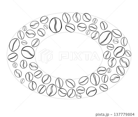 Round frame with coffee beans Frame template Black white Oval Cafe hand drawn illustration. Vector graphic line ink art. for cafe and restaurant menu, banners, posters, invitations, packaging 137779804