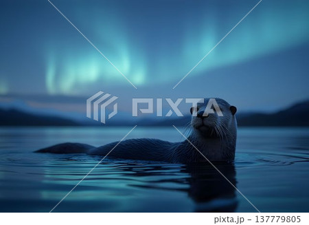 Peaceful Sea Otter Beneath Noctilucent Twilight Skies 137779805