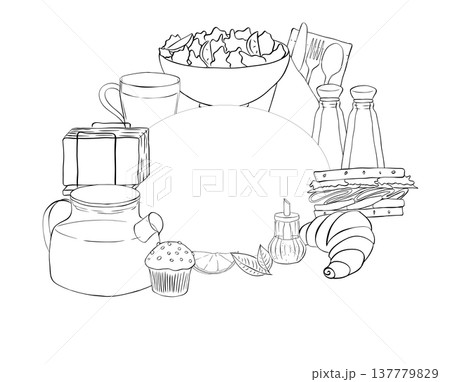 Fast food circular Frame template Oval Cafe Black white hand drawn illustration. Vector graphic line ink art. background for banners, print for fabric, labels, t-shirt printing. Fast food circular Frame template Oval Cafe Black white hand drawn illustration. Vector graphic line ink art. background for banners, print for fabric, labels, t-shirt printing. 137779829
