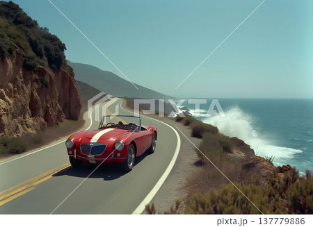 Shelby Cobra Driving Along Ocean Road 137779886