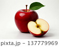 Fresh Red Apple with Leaf and Halved Fruit on White Background 137779969