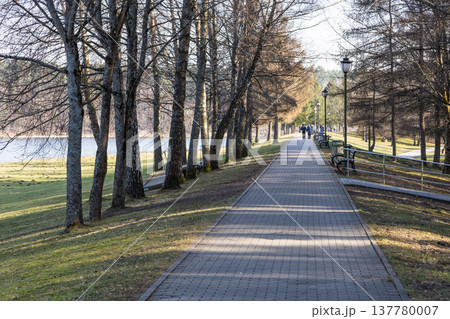 Footpath through a peaceful nature park next to water edge 137780007