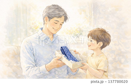 父の日にプレゼントを渡す親子の温かいイラスト 137780020