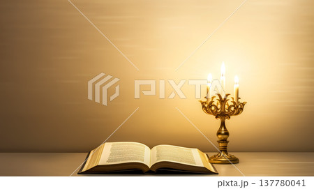 Open book Bible and burning candles, copy space. Open book Bible and burning candles, copy space. 137780041
