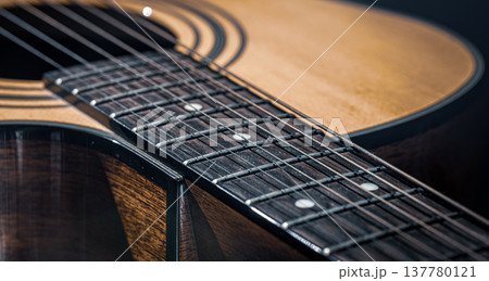 Close-up of a classical acoustic guitar in beautiful lighting. Close-up of a classical acoustic guitar in beautiful lighting. 137780121