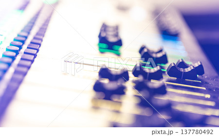 Close up, sound music mixer control panel on blurred background. 137780492