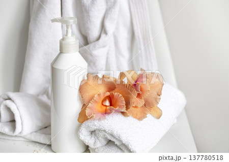 Spa composition with bath accessories and Thai orchid flowers. 137780518
