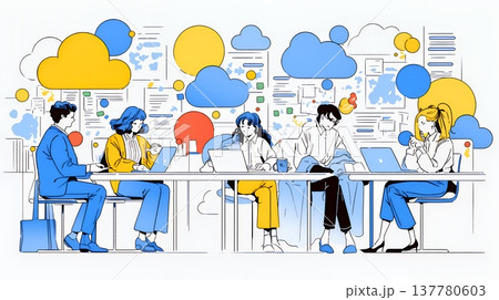 ITビジネスとクラウド技術のコンセプト｜ノートPCで働くチームとデータネットワークのイメージ