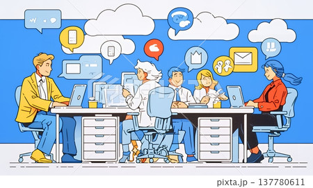 ITビジネスとクラウド技術のコンセプト｜ノートPCで働くチームとデータネットワークのイメージ