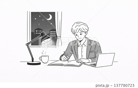 夜にデスクで作業するビジネスマンの線画イラスト 137780723